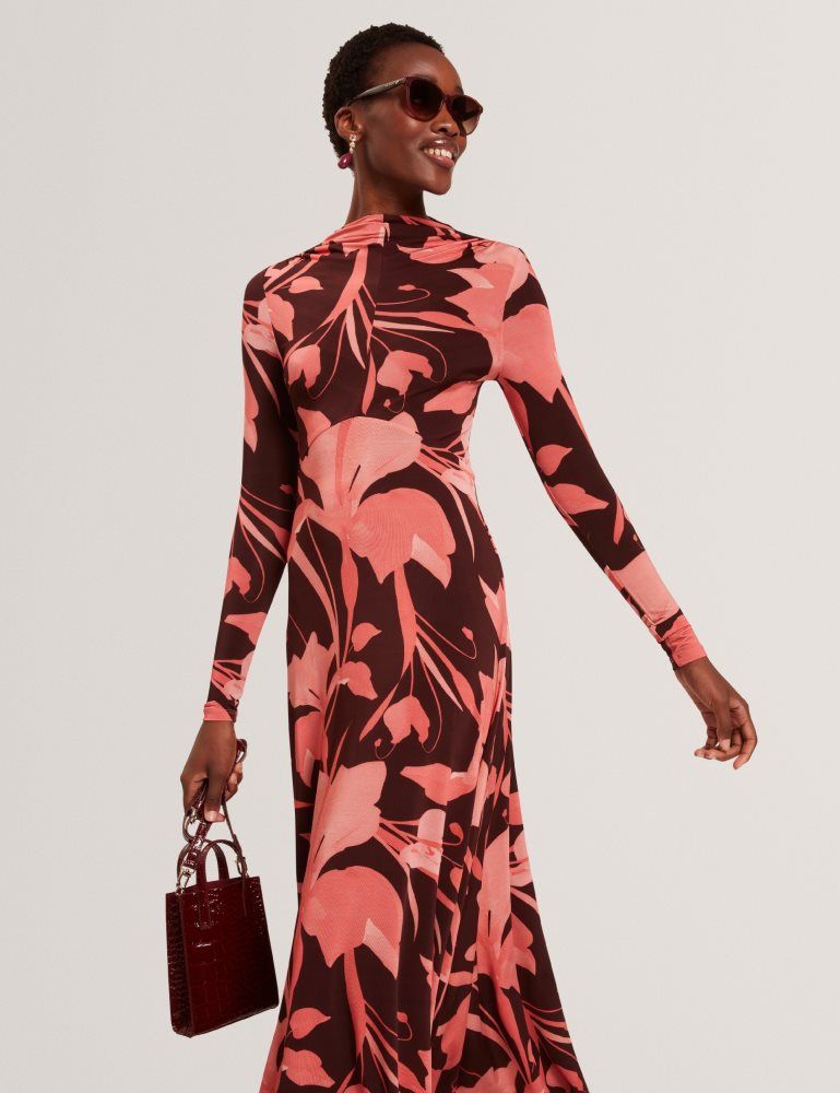 Ted Baker Starlah - Slinky Printed Jersey Long Sleeve Midi Dress Ženske Haljina Smeđe | 471253-HAM