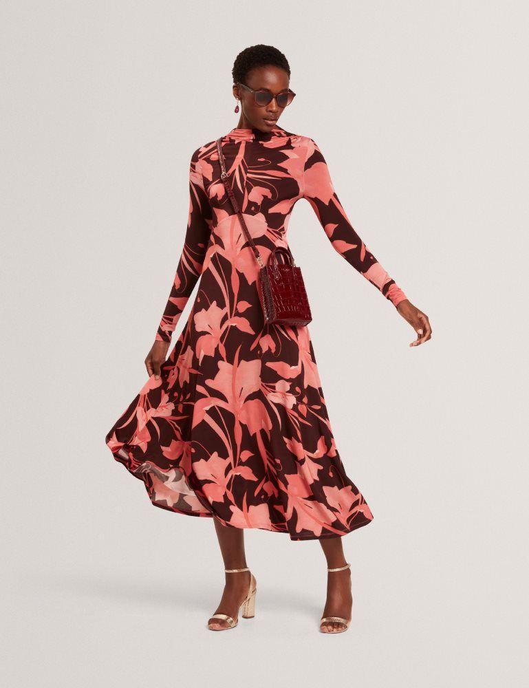 Ted Baker Starlah - Slinky Printed Jersey Long Sleeve Midi Dress Ženske Haljina Smeđe | 471253-HAM
