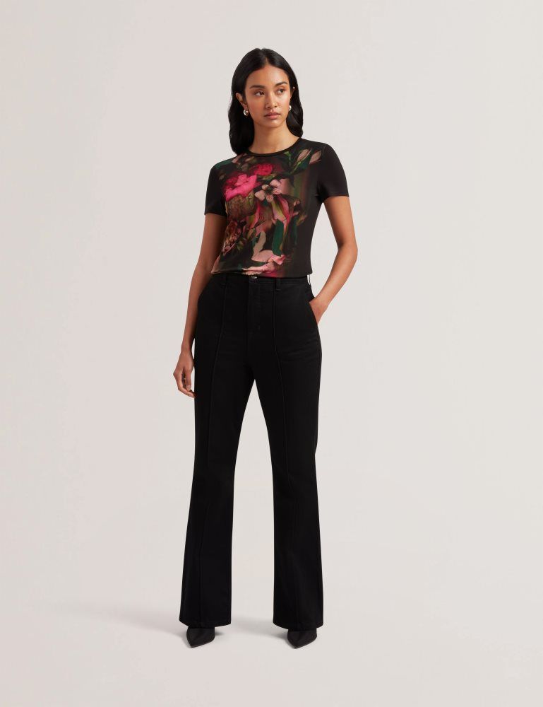 Ted Baker Sunnyy - Blurred Floral Print Slim Fit T-shirt Ženske Majice Crne | 854607-ABP