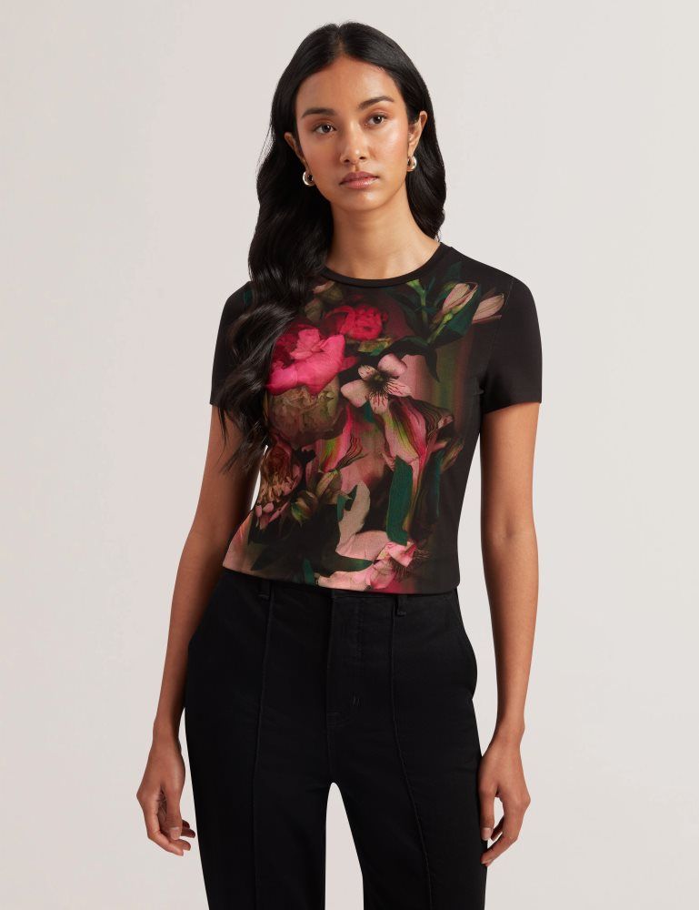 Ted Baker Sunnyy - Blurred Floral Print Slim Fit T-shirt Ženske Majice Crne | 854607-ABP