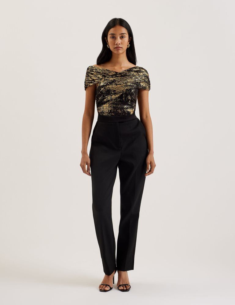 Ted Baker Talular - Bardot Foil Printed Mesh Top Ženske Majice Crne | 176023-KXS