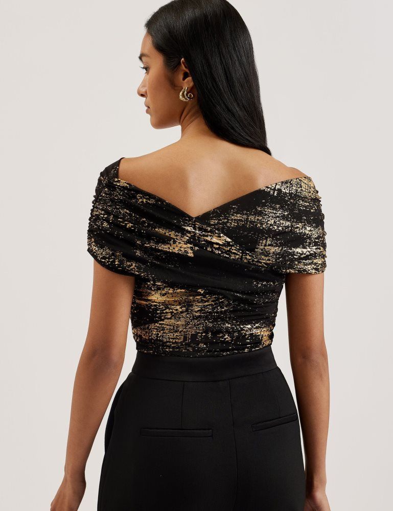 Ted Baker Talular - Bardot Foil Printed Mesh Top Ženske Majice Crne | 176023-KXS