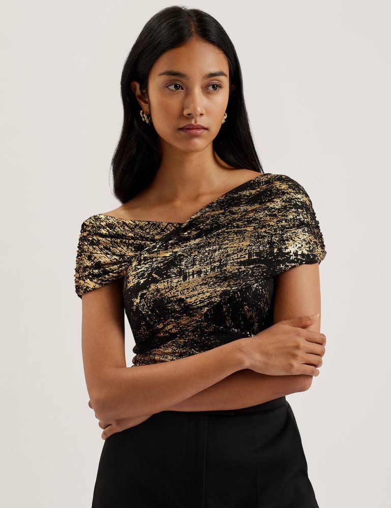 Ted Baker Talular - Bardot Foil Printed Mesh Top Ženske Majice Crne | 176023-KXS