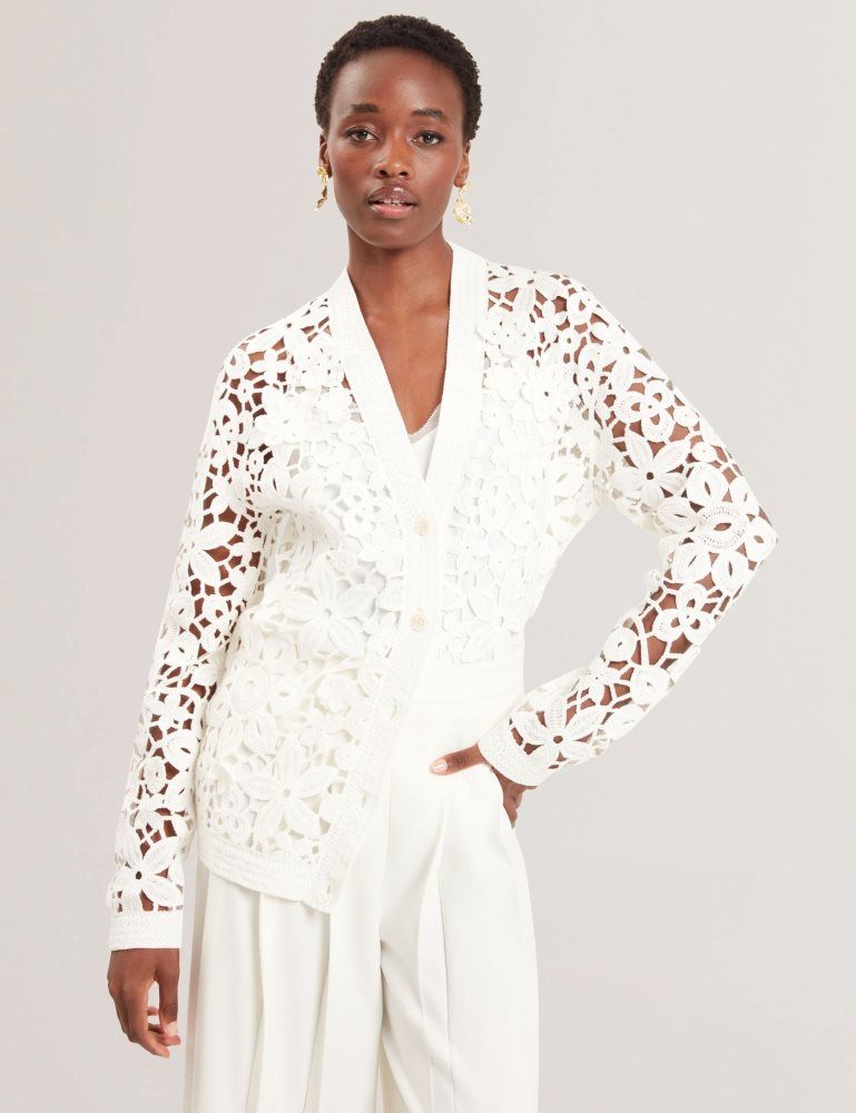 Ted Baker Tarli - Crochet Open Knit Longline Cardigan Ženske Džemperi Bijele | 241953-QIT