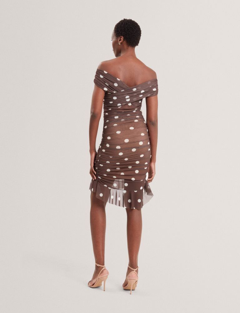 Ted Baker Tildahh - Off-shoulder Polka Dot Mesh Mini Dress Ženske Haljina Smeđe | 364152-JEG