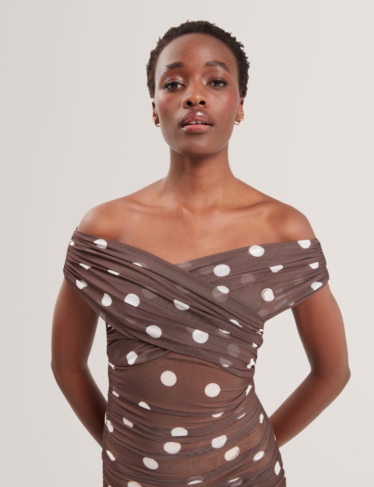 Ted Baker Tildahh - Off-shoulder Polka Dot Mesh Mini Dress Ženske Haljina Smeđe | 364152-JEG
