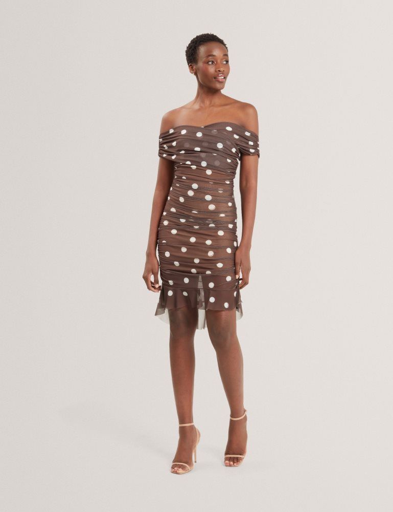 Ted Baker Tildahh - Off-shoulder Polka Dot Mesh Mini Dress Ženske Haljina Smeđe | 364152-JEG