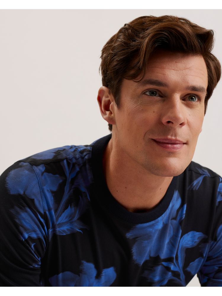 Ted Baker Vendis - Contrast Floral Print Cotton T-shirt Muške Topi Tamnoplave | 631509-UPY