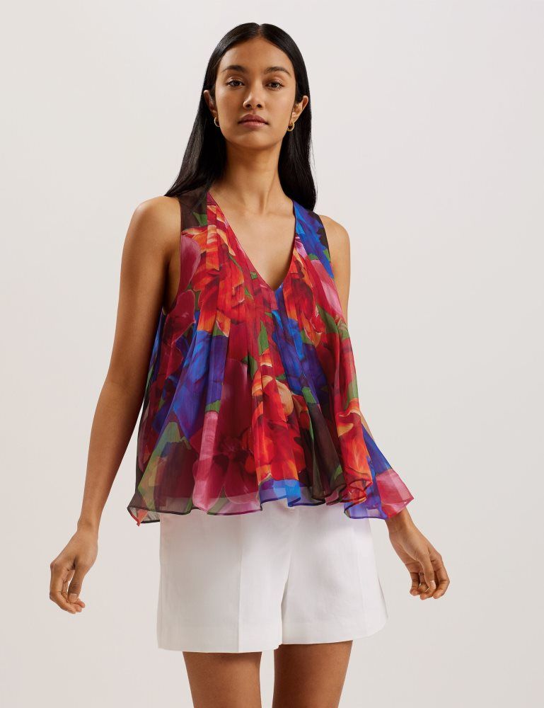 Ted Baker Vernoge - Organza Tropical Bloom V-neck Pleated Top Ženske Majice Visebojne | 713460-VUT