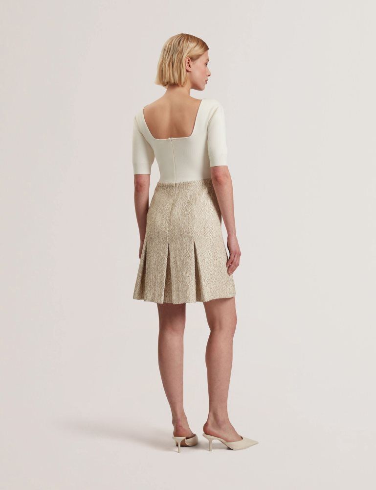 Ted Baker Vulpad - Pleated Boucle Mini Dress With Knit Bodice Ženske Haljina Bijele | 871502-LXM