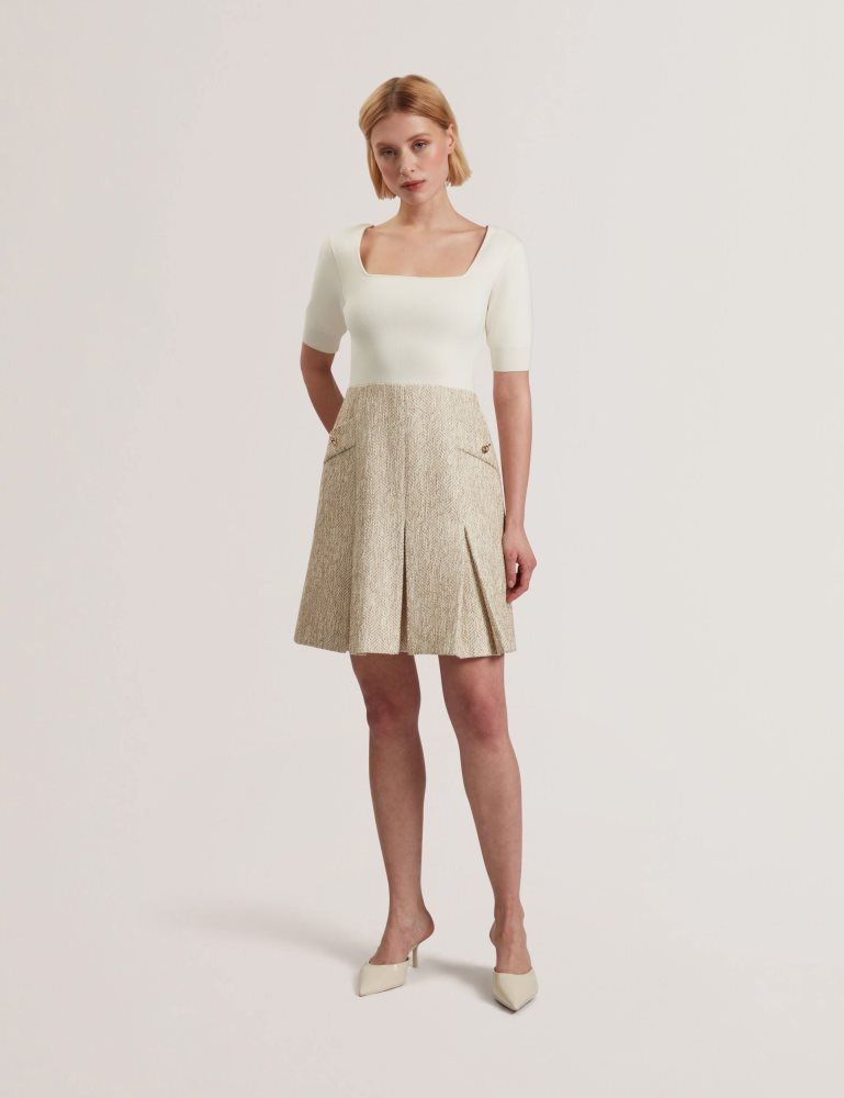 Ted Baker Vulpad - Pleated Boucle Mini Dress With Knit Bodice Ženske Haljina Bijele | 871502-LXM