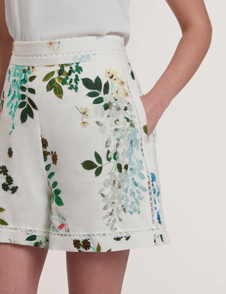 Ted Baker Vylla - Floral High Waist Linen Shorts With Trim Detail Ženske Kratke Hlače Bijele | 618390-NPU
