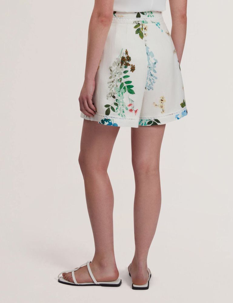 Ted Baker Vylla - Floral High Waist Linen Shorts With Trim Detail Ženske Kratke Hlače Bijele | 618390-NPU