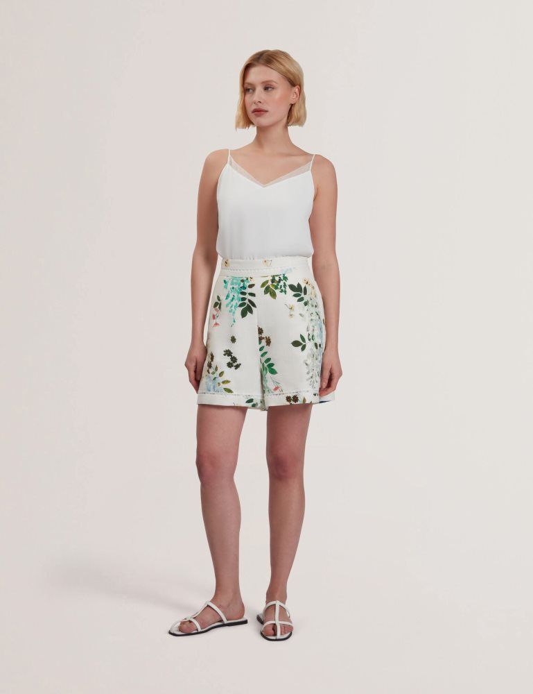 Ted Baker Vylla - Floral High Waist Linen Shorts With Trim Detail Ženske Kratke Hlače Bijele | 618390-NPU