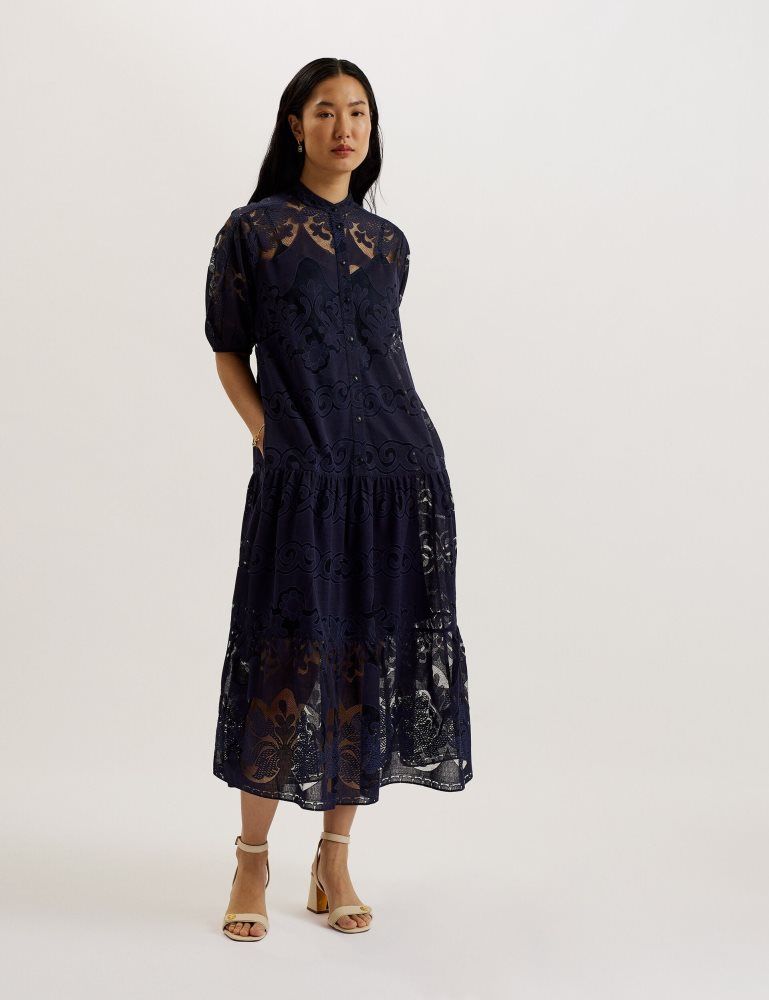 Ted Baker Xativa - Lace Puff Sleeve Midi Shift Dress Ženske Haljina Plave | 053267-KJW