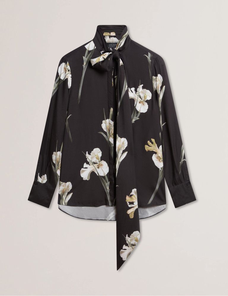 Ted Baker Zakiier - Tie Neck Floral Print Long Sleeve Blouse Ženske Majice Crne | 103425-NUB