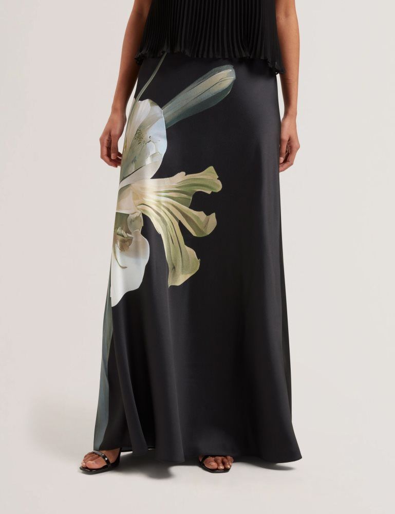Ted Baker Zionna - Floral Print Detail Satin Maxi Skirt Ženske Suknje Crne | 157342-KIP